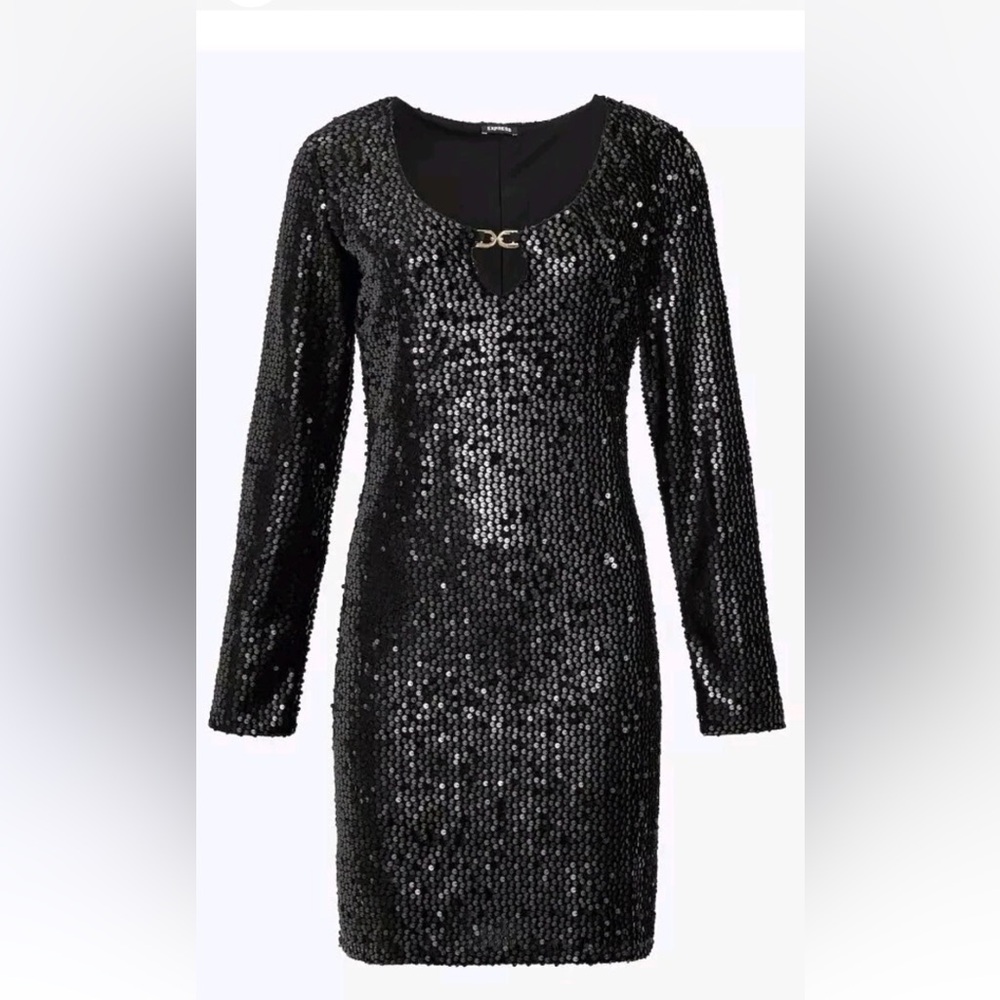 NWT Express Black Sequin Horsebit Scope Neck Mini Shift Dress Size L